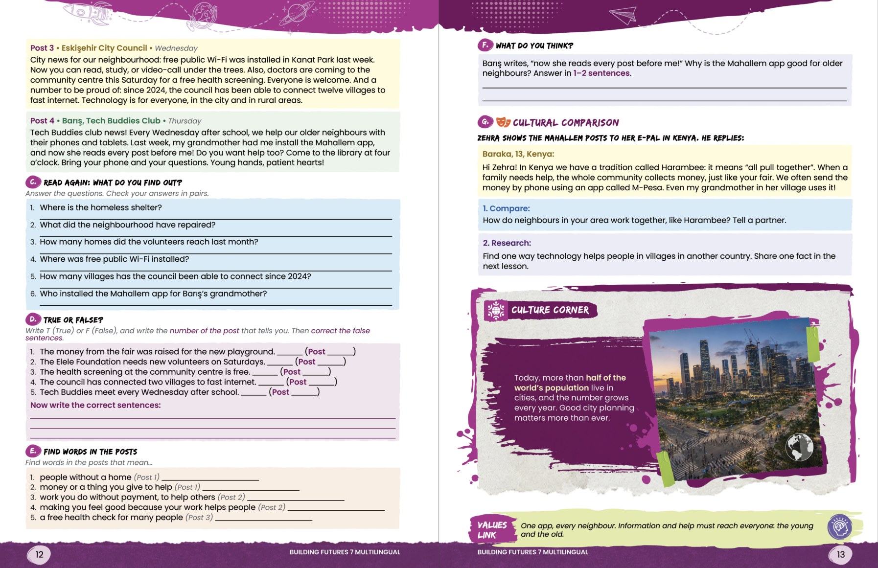 A Building Futures 7 Multilingual reading spread: The Mahallem App social-media feed