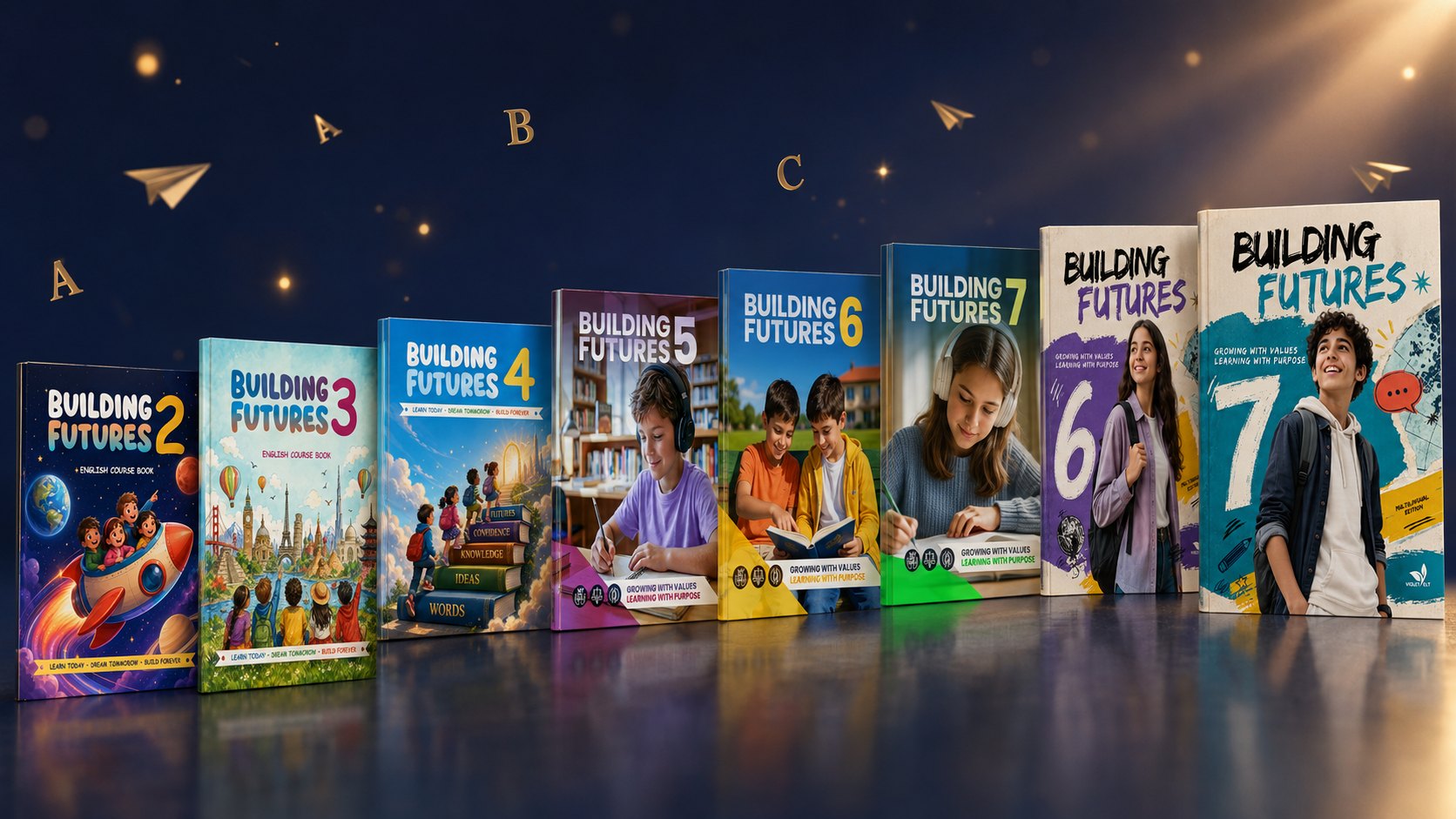 The eight Building Futures covers standing in a row