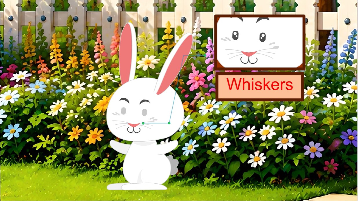 A story still with an on-screen vocabulary label: the character Whiskers in a garden
